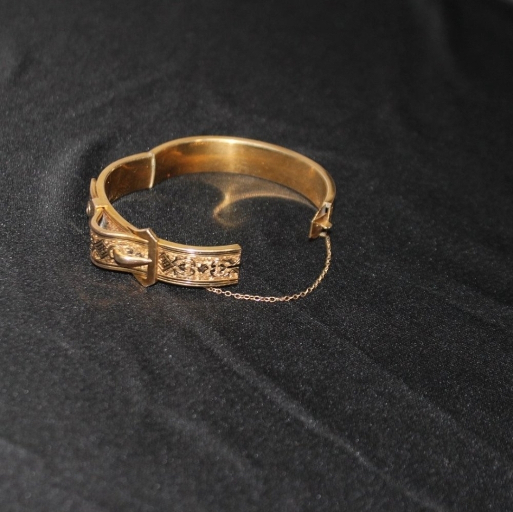 Antique Victorian 10K Gold Filled Enamel Taille D'Epargne Buckle Bangle Bracelet - Picture 7 of 8
